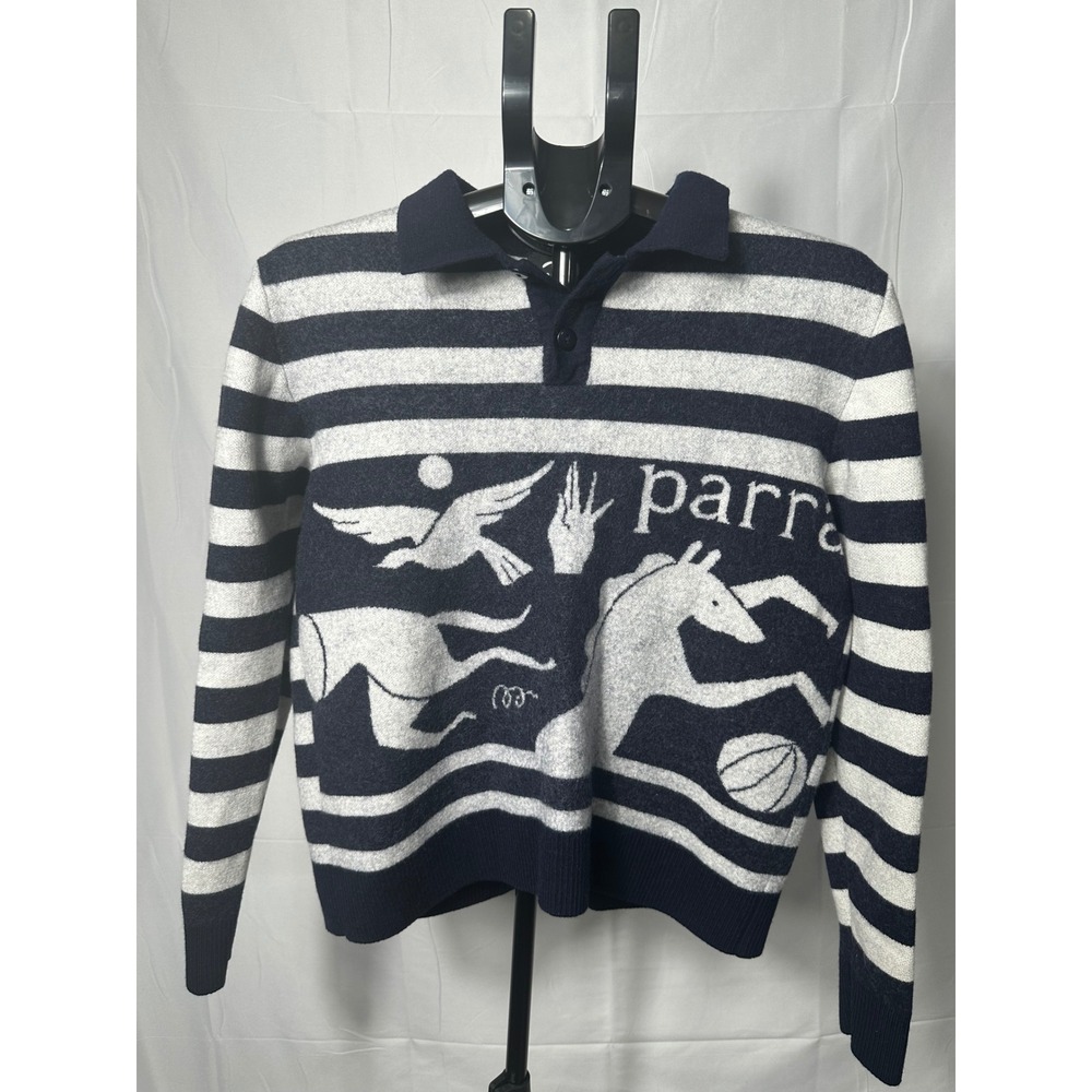By Parra Basket Bird Horse Knitted Polo Sweater Navy White Stripe